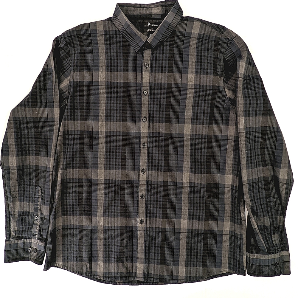 Marc Anthony Men's XL Slim Fit Stretch Plaid Button Down Shirt Black Gray Cotton